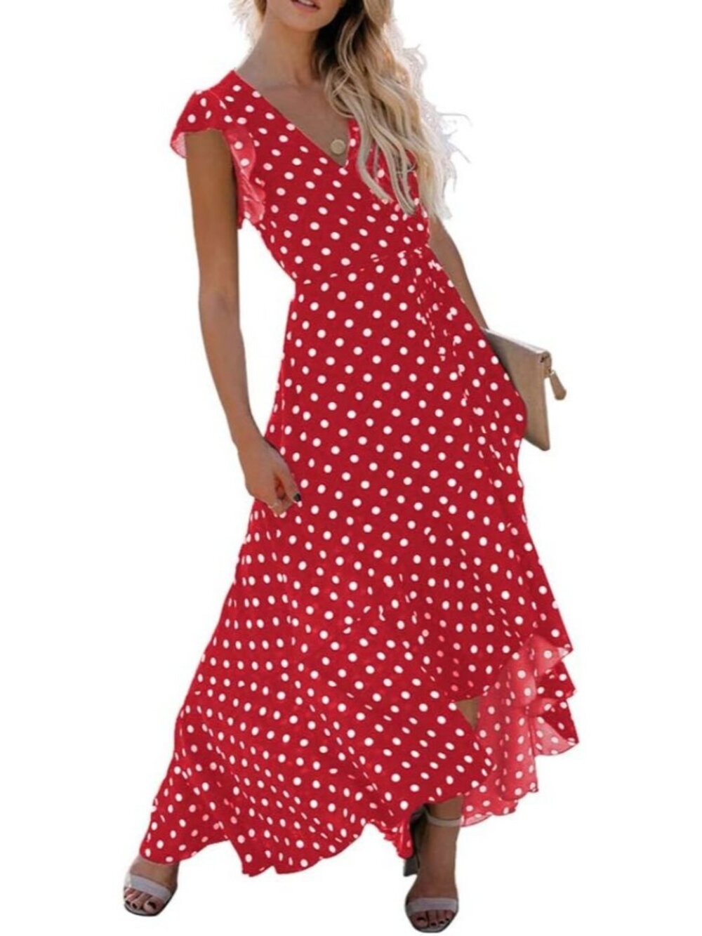 Women's Polka Dots Red V Neck Casual Tie Short Sleeve Pull On Maxi Dresses - Picture 4 of 6